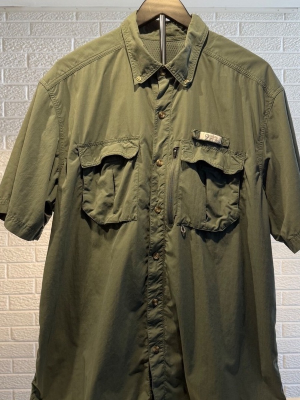 Mens Olive Green Short Sleeve Button Down‎ Shirt Fishing Camping Outdoors